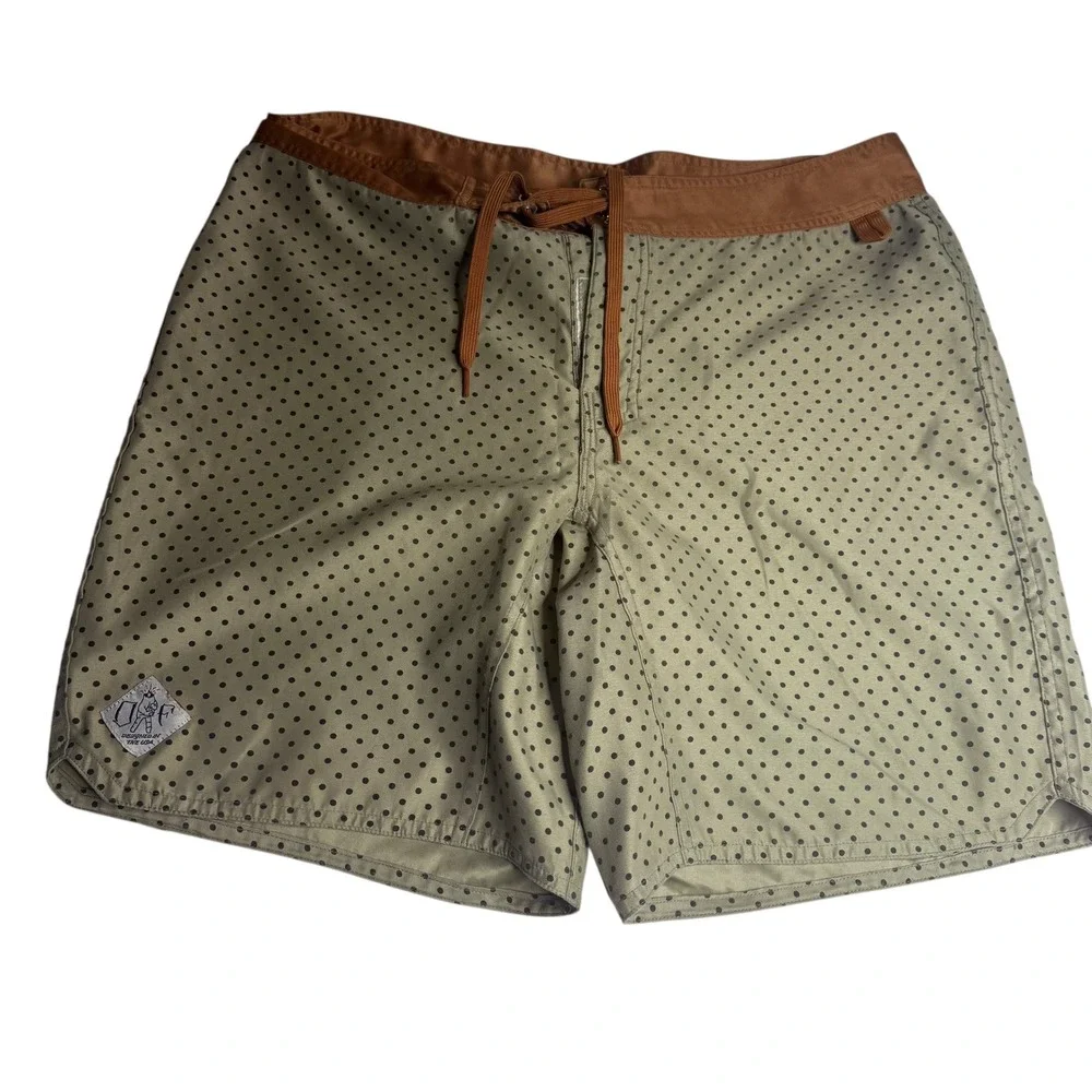 Old Fame Mens XL Polka Dot Board Shorts Swim Trunks Tan Brown Drawstring‎